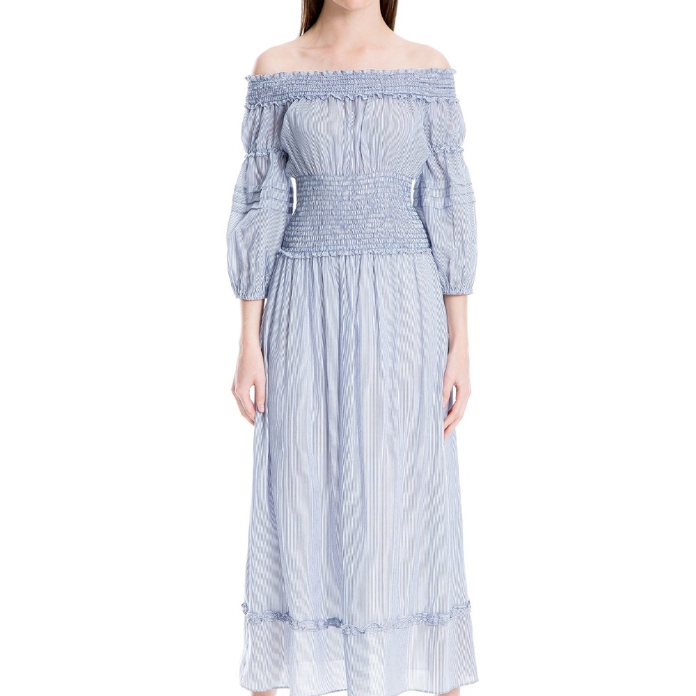 Max Studio Smocked Bodice Off-The-Shoulder Striped Maxi Dress Blue/White size M